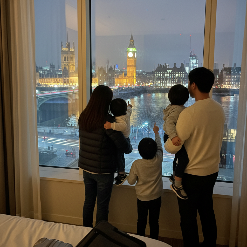 호텔 창가에서 런던 야경을 보는 가족