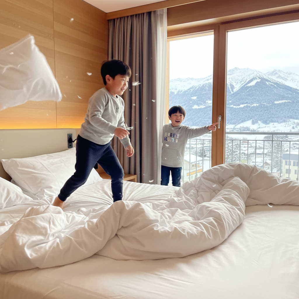 호텔 침대에서 뛰어노는 아이들