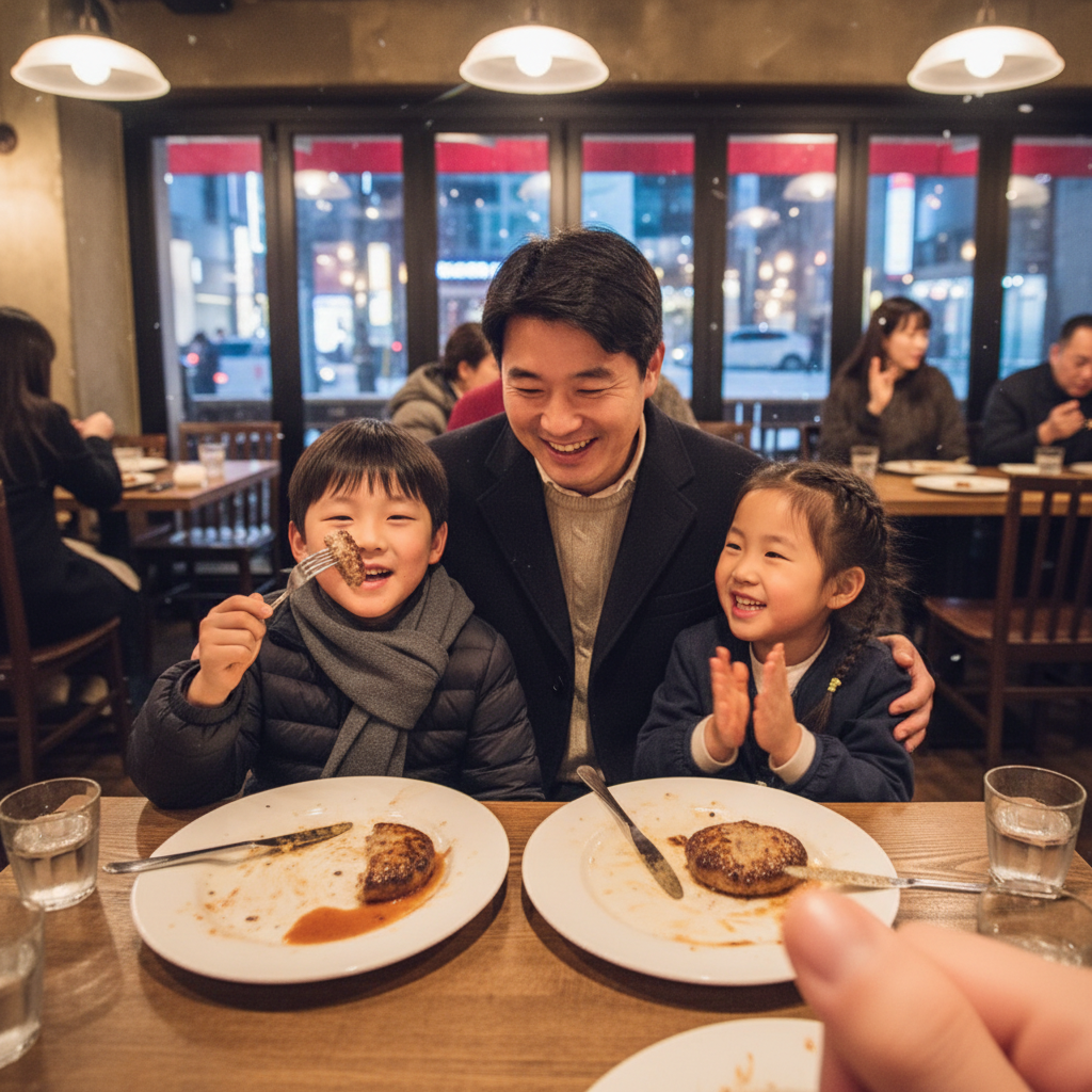 우에노 레스토랑에서 식사하는 가족