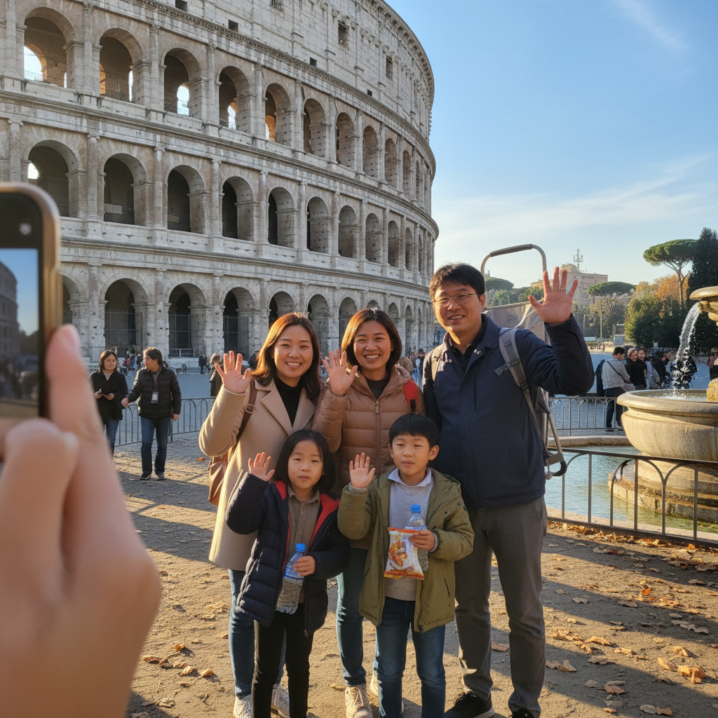 콜로세움 앞에서 포즈를 취하는 가족