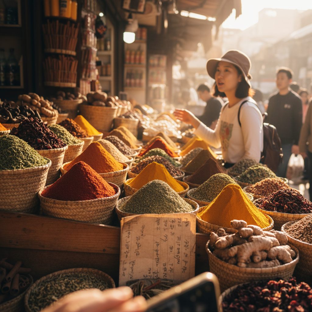 현지 시장의 다양한 향신료와 식재료