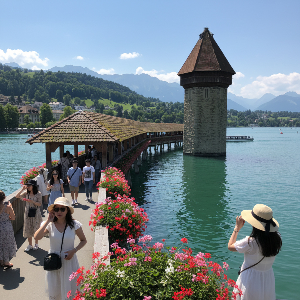 루체른의 카펠교와 호수 풍경