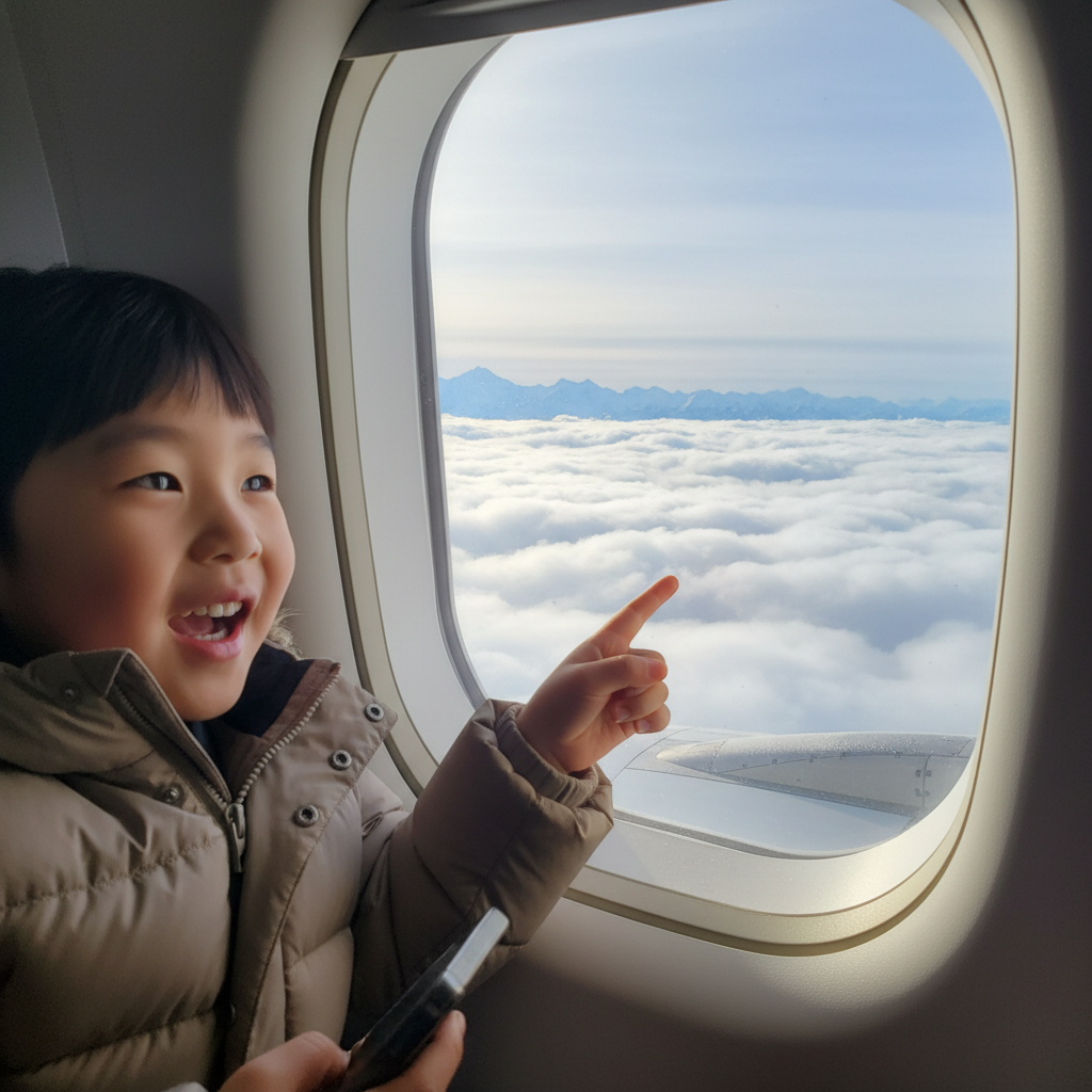 비행기 창가에 앉아 구름을 가리키며 즐거워하는 첫째