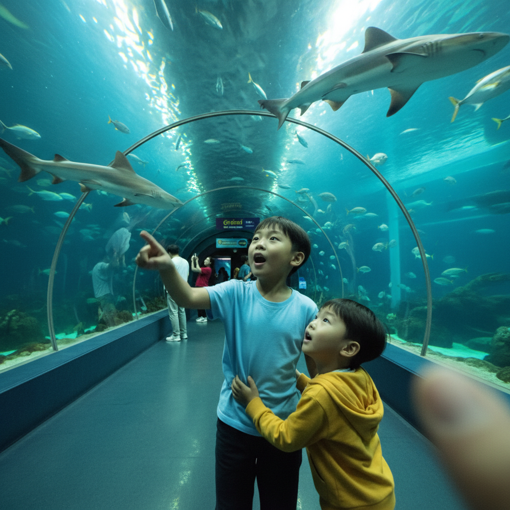 아쿠아리움 상어 터널에서 신기해하는 아이들