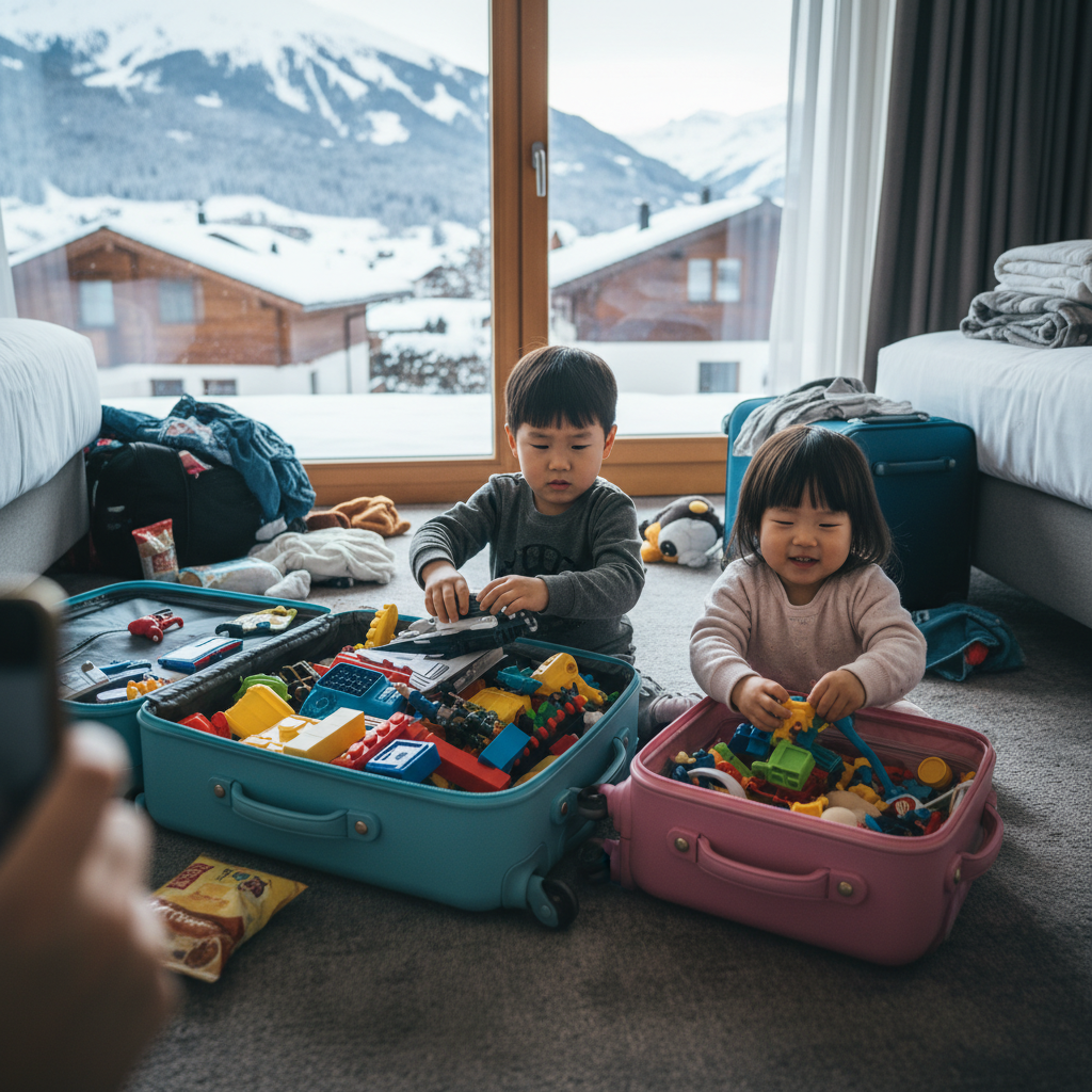 여행 가방을 싸면서 장난감을 고르는 아이들
