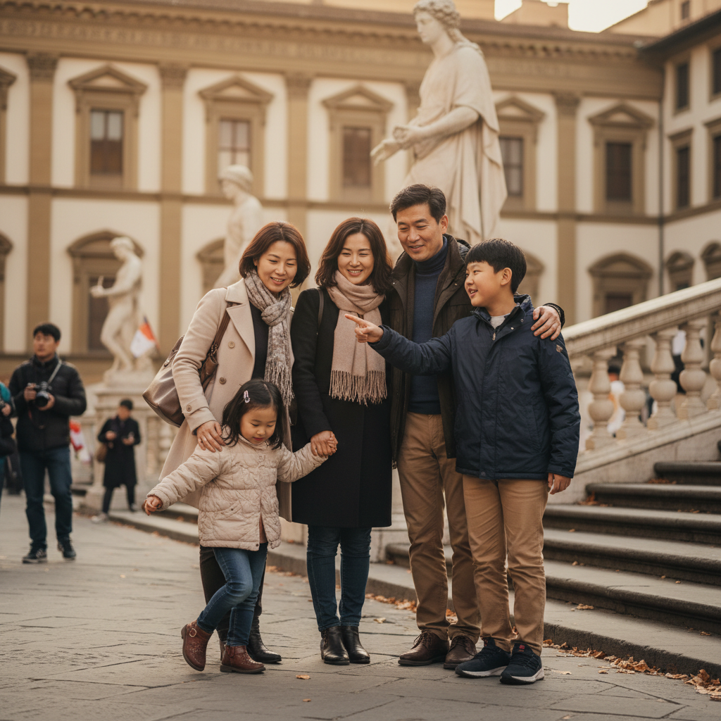 우피치 미술관 앞에서 포즈를 취하는 가족