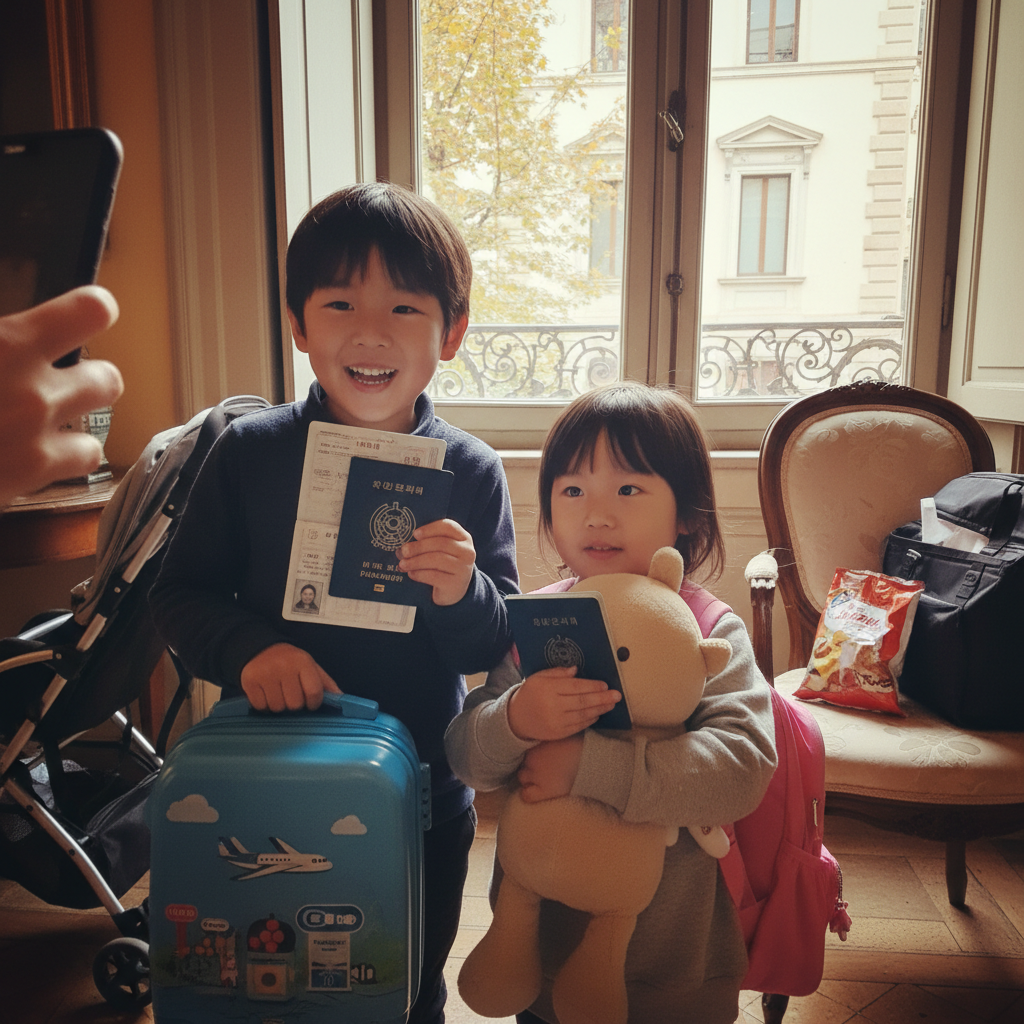 출발 전 여권과 짐을 들고 신나하는 아이들
