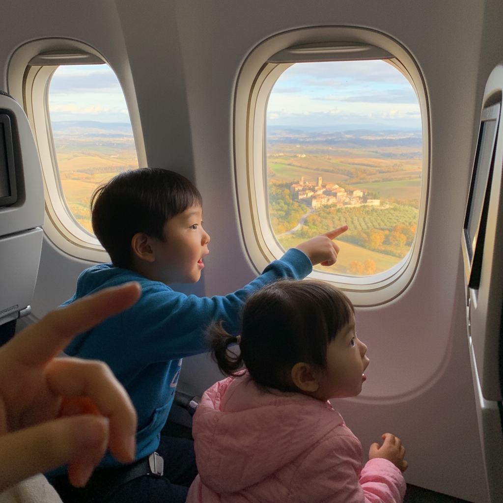 비행기 안에서 창밖을 구경하는 아이들