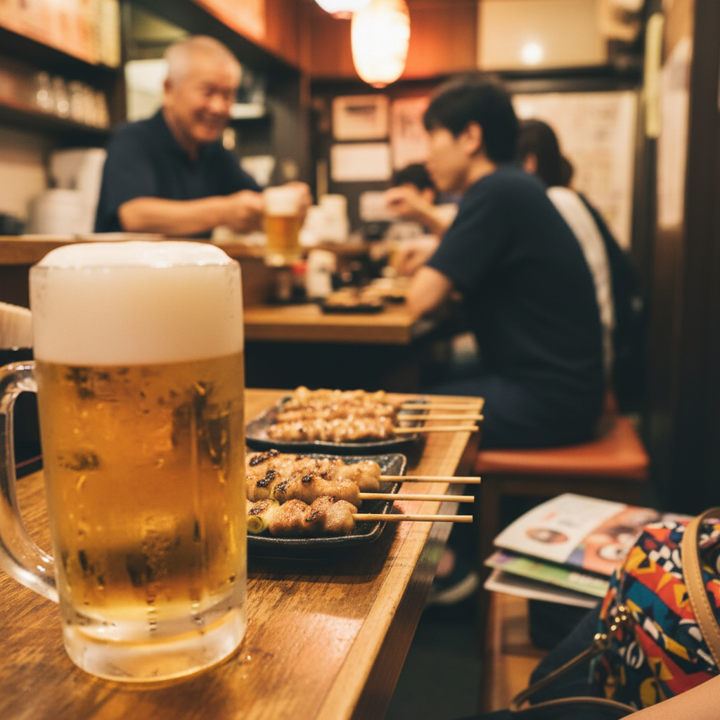 작은 이자카야에서 찍은 맥주와 꼬치 요리
