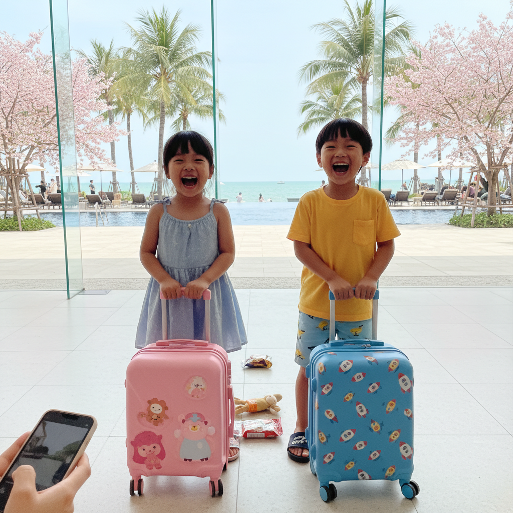 아이들이 여행 가방을 들고 신나게 웃고 있는 모습