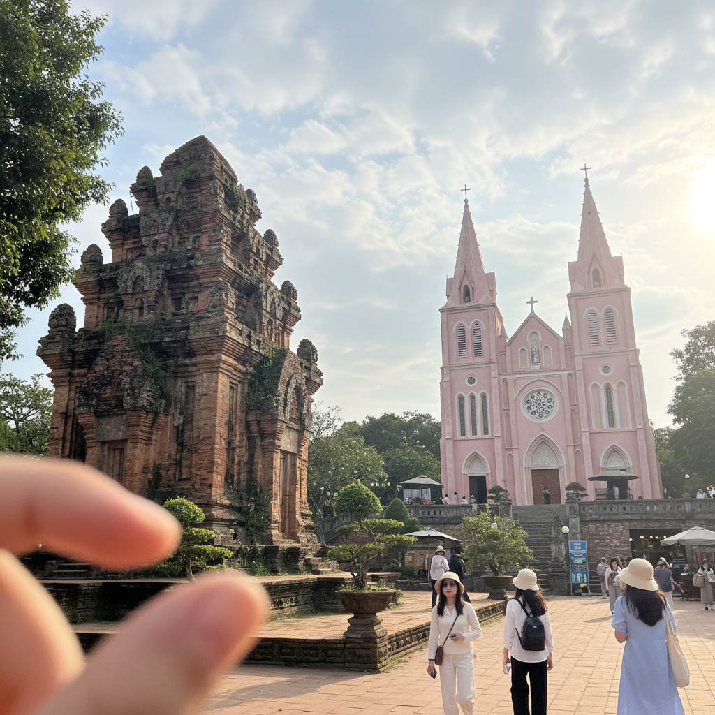 포나가르 참파 사원의 붉은 벽돌 건축물과 나트랑 대성당의 핑크빛 외관