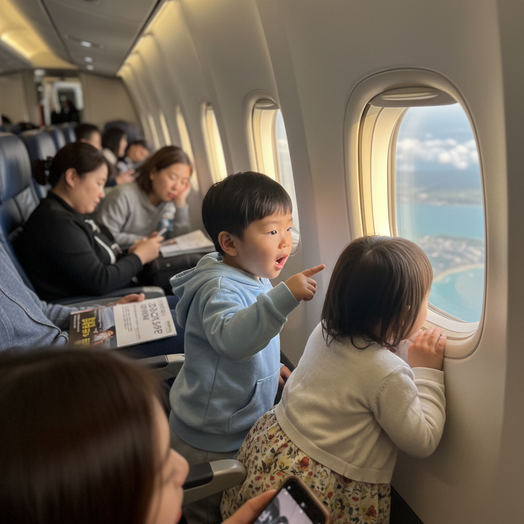 비행기 안에서 아이들이 창밖을 신기하게 바라보는 모습