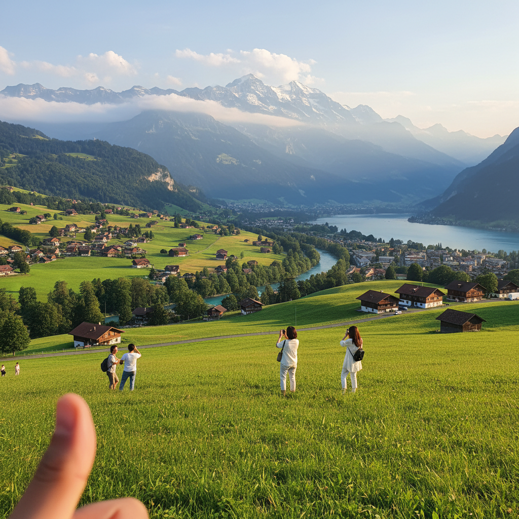 인터라켄 마을에서 바라본 알프스 전경과 초록 초원