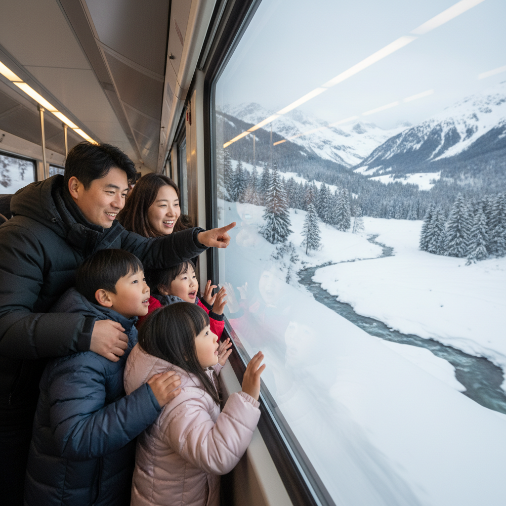 융프라우로 향하는 기차 안에서 창밖을 신기하게 바라보는 가족