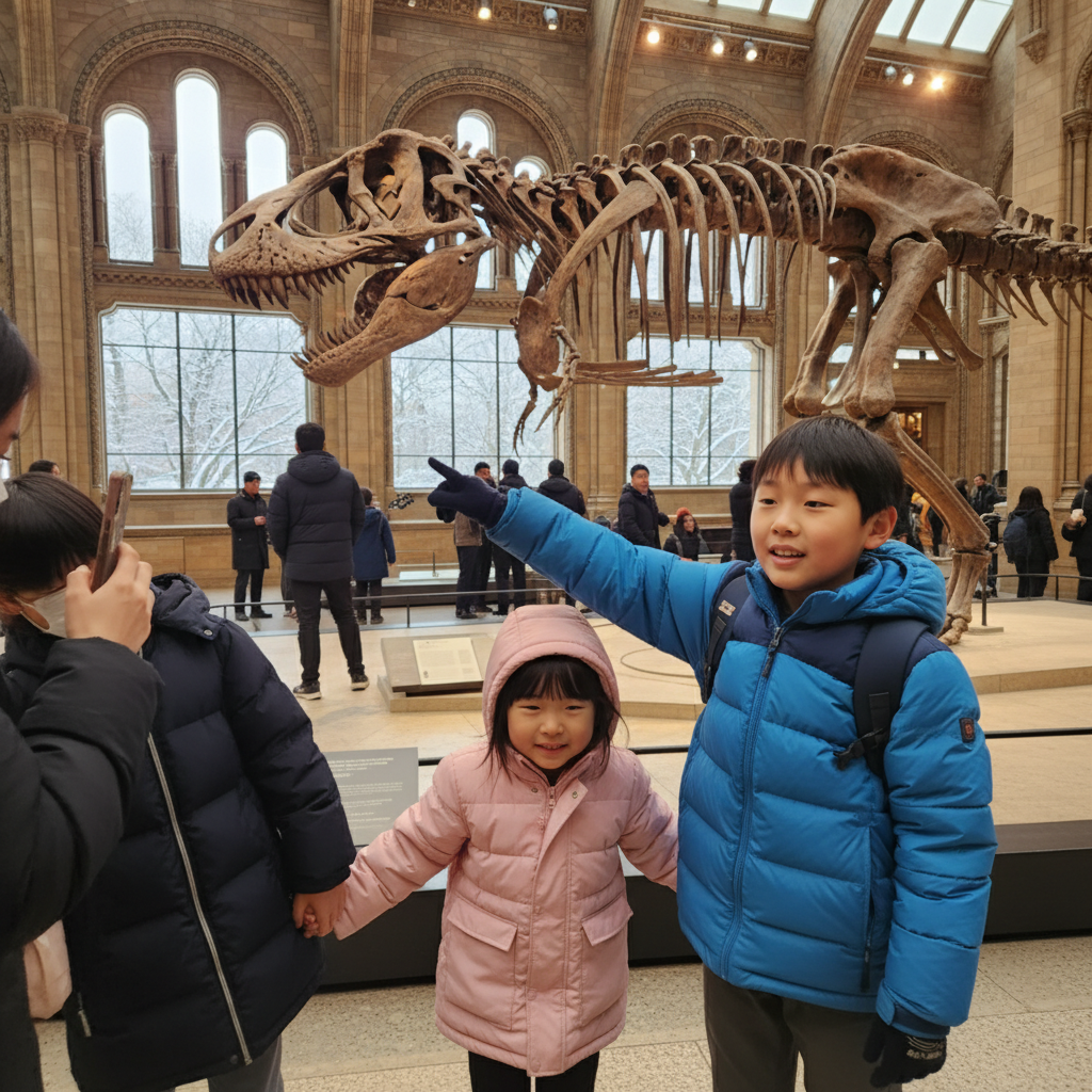 자연사 박물관에서 공룡 화석 앞에 선 아이들