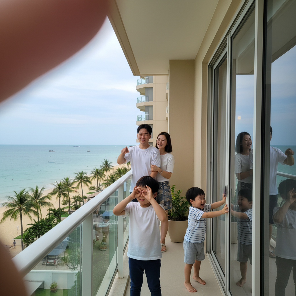 호텔 발코니에서 바다를 바라보는 가족 모습
