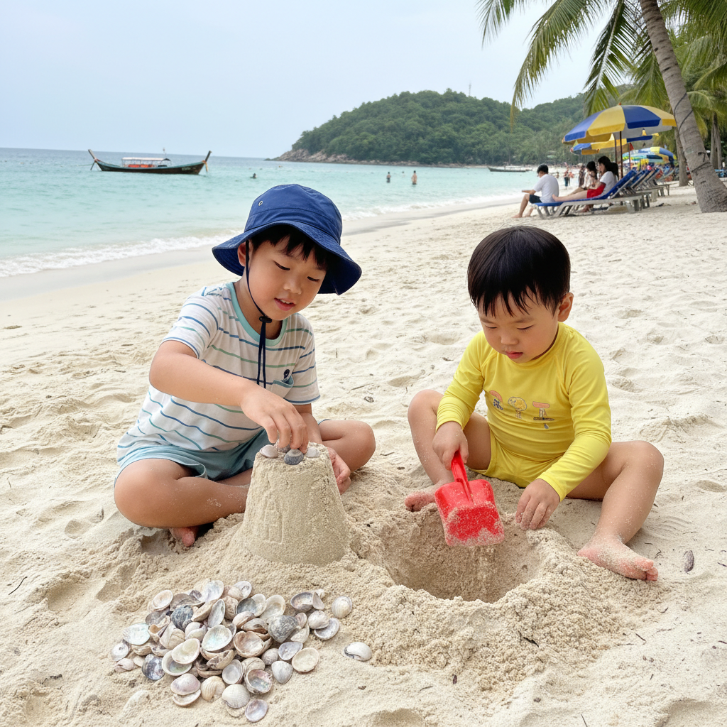 산호섬 해변에서 모래놀이하는 아이들