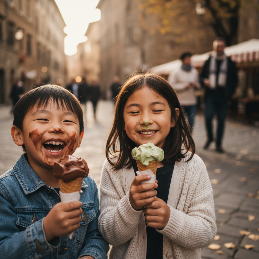 젤라토를 먹으며 웃고 있는 아이들