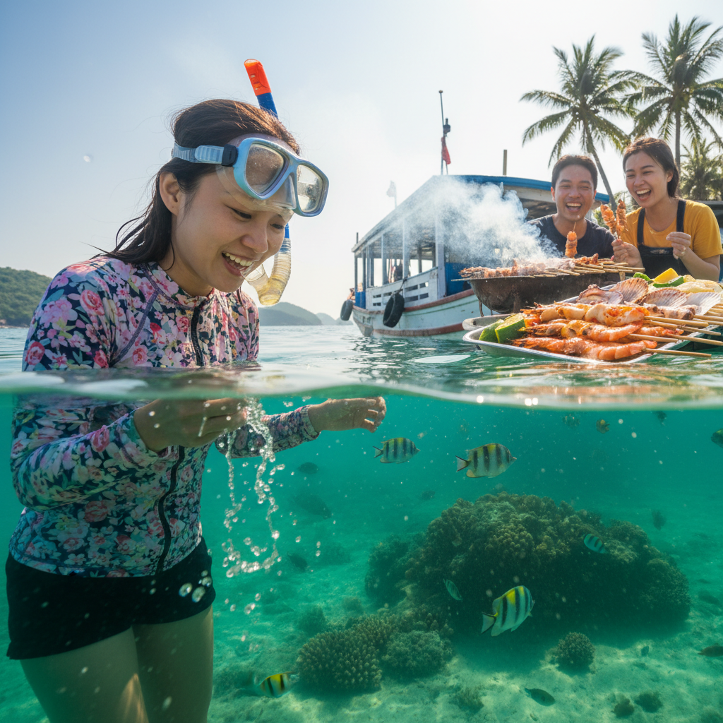투명한 에메랄드빛 바다에서 스노클링 하는 모습과 보트 위에서 즐기는 해산물 바비큐
