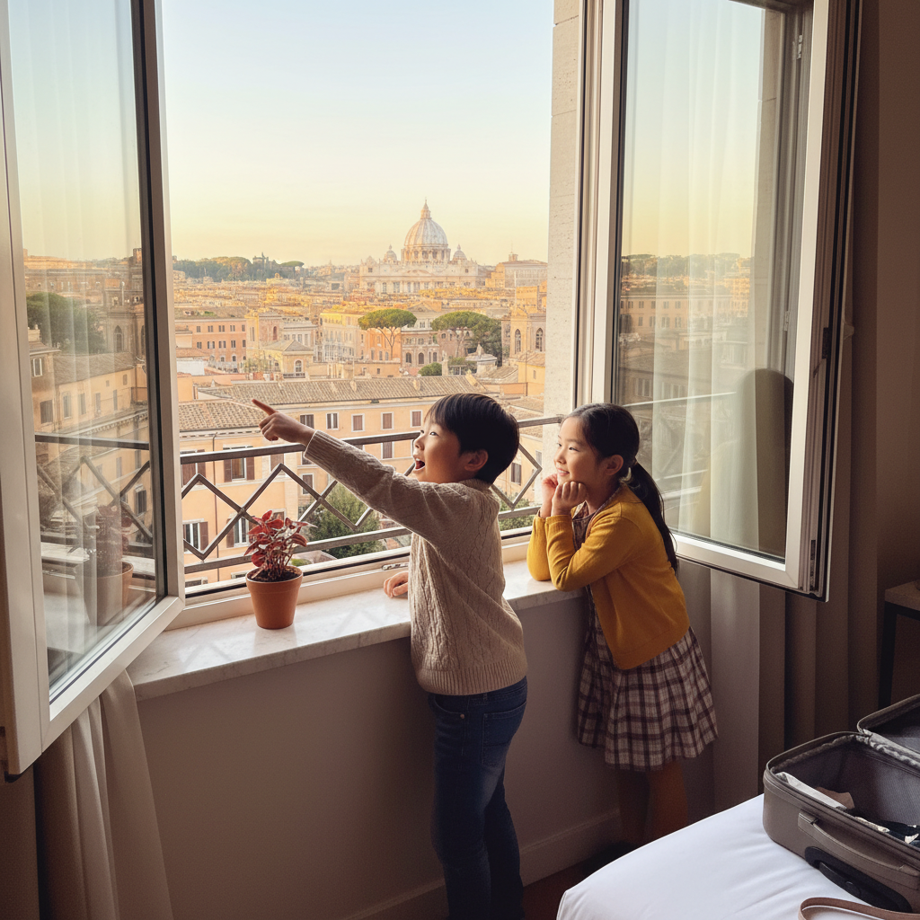 호텔 창문으로 로마 풍경을 바라보는 아이들