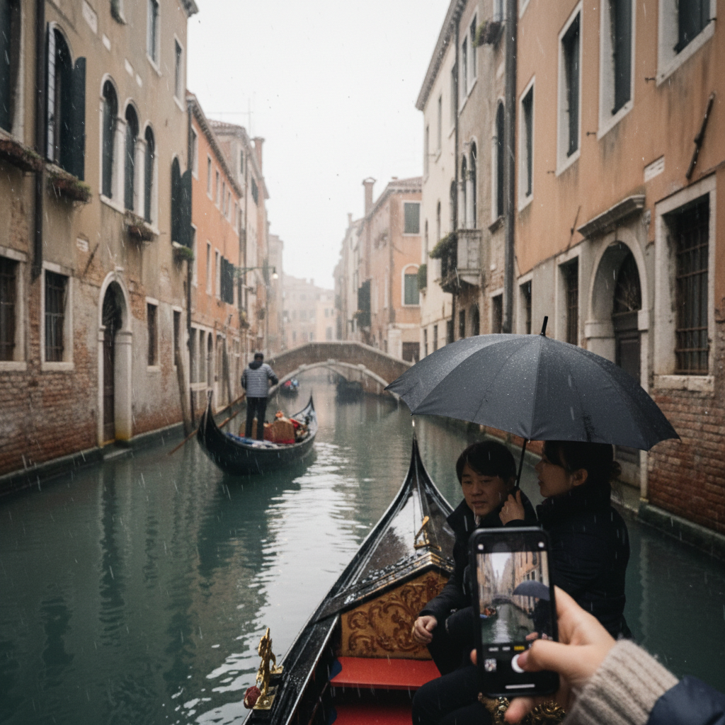 베니스 곤돌라를 타고 운하를 지나는 모습