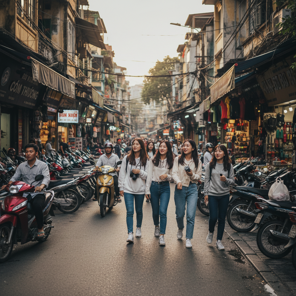 하노이 구시가지의 좁은 거리와 오토바이들