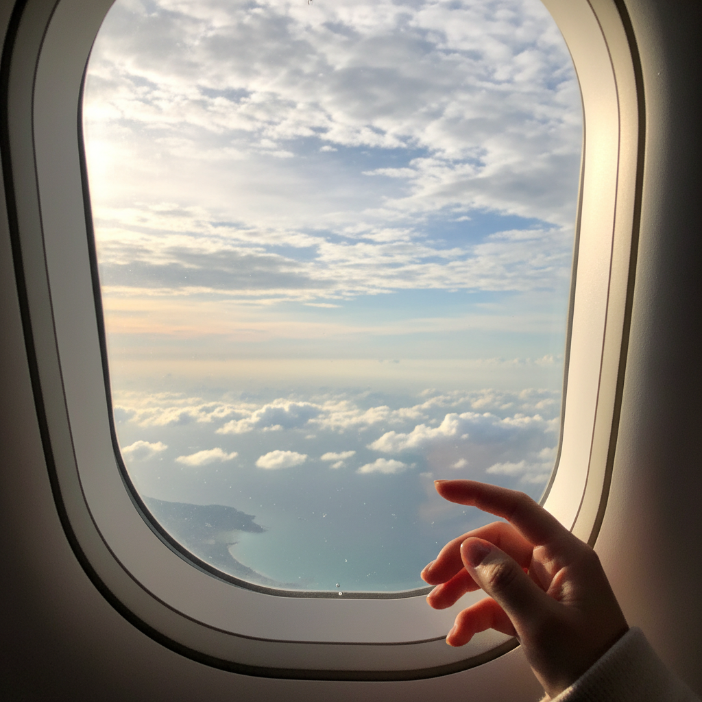 비행기 창문으로 보이는 하늘과 구름