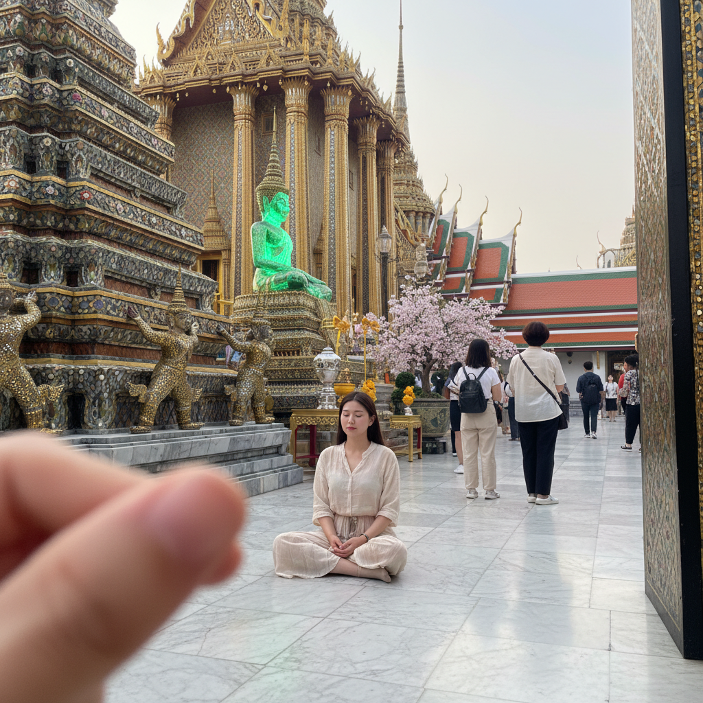 왕궁의 화려한 건축물과 에메랄드 불상 앞에서 명상하는 순간