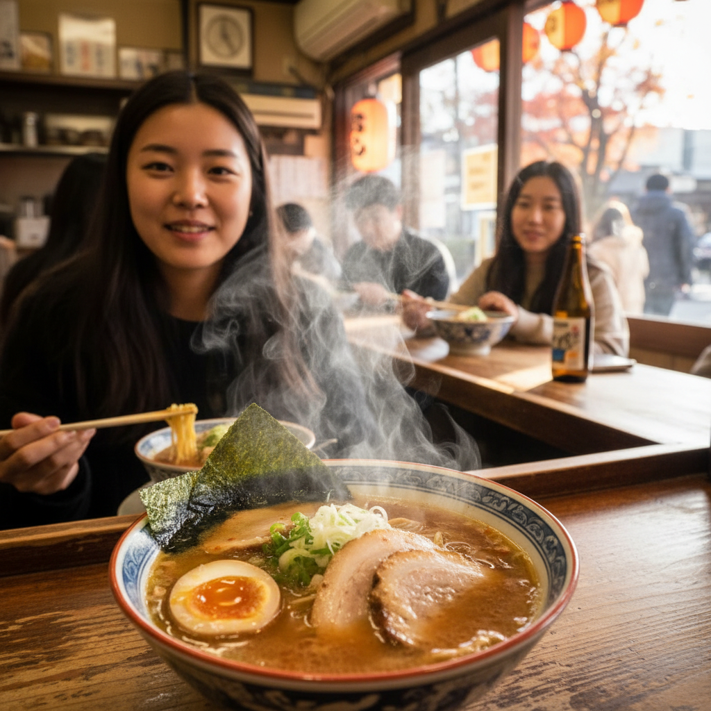 스팀이 모락모락 피어오르는 라멘 한 그릇과 작은 라멘집 내부