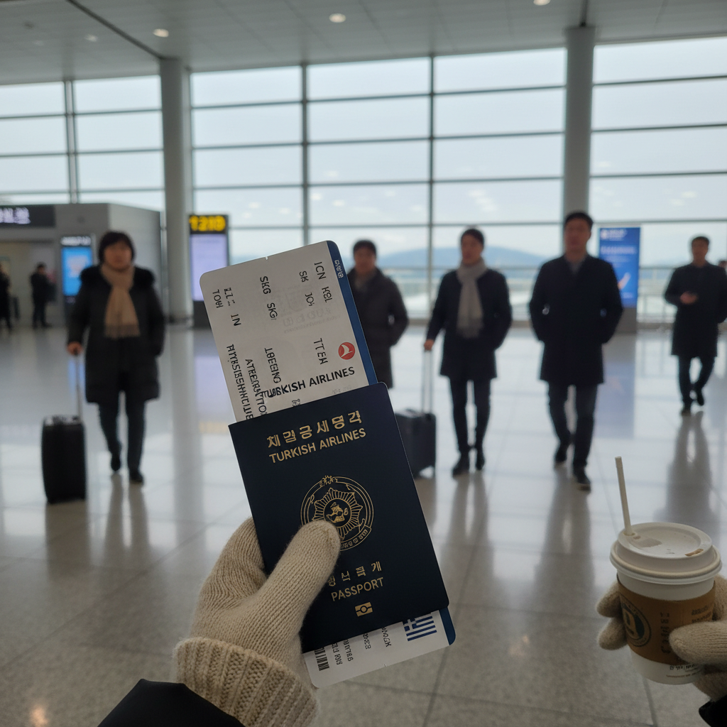 인천공항 출국장에서 찍은 여권과 항공권