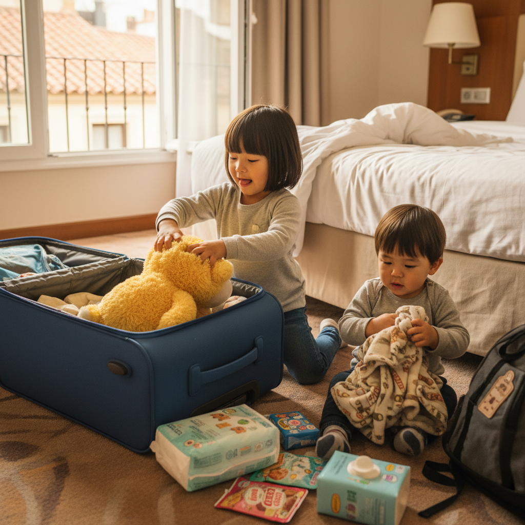 여행 가방을 챙기는 아이들의 모습