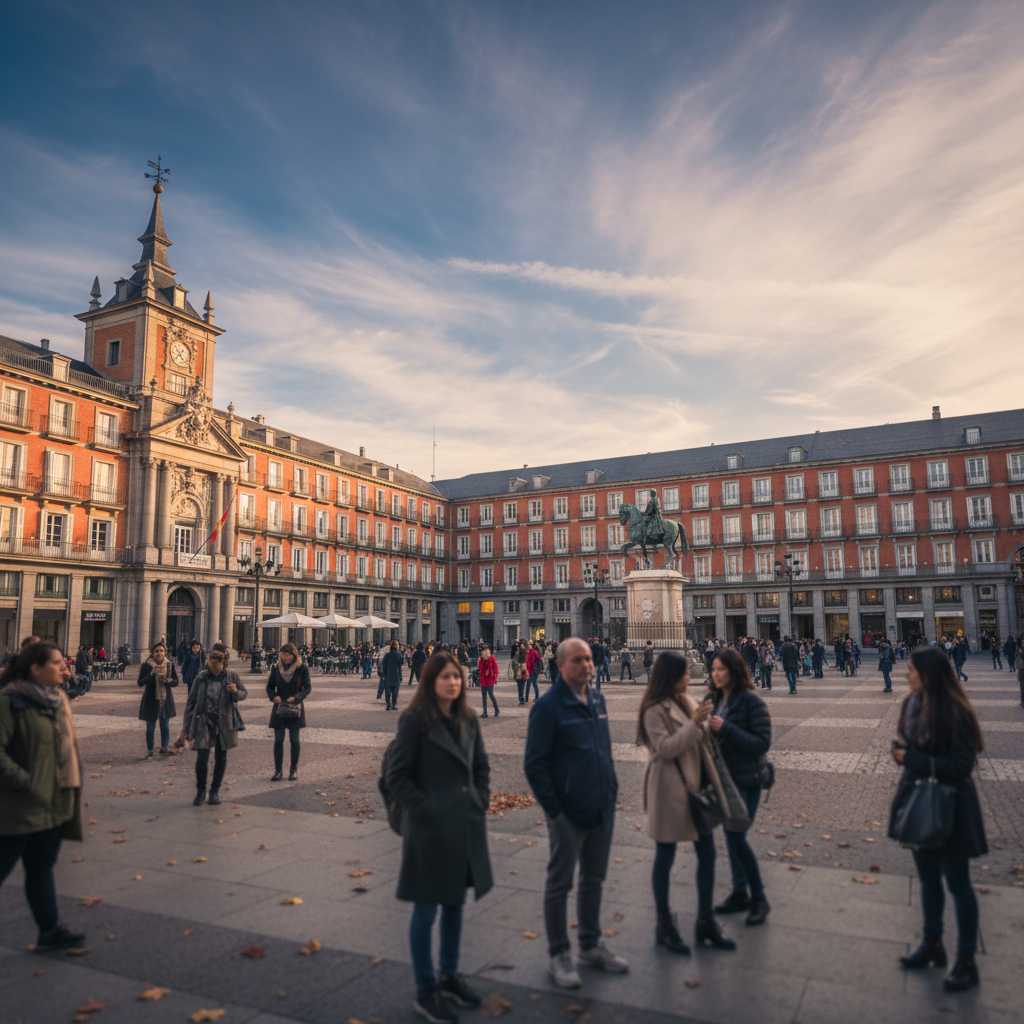 마드리드 플라자 마요르 광장의 화려한 건축물과 가을 하늘