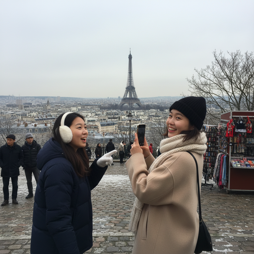 파리 몽마르트 언덕에서 에펠탑을 배경으로 한 풍경