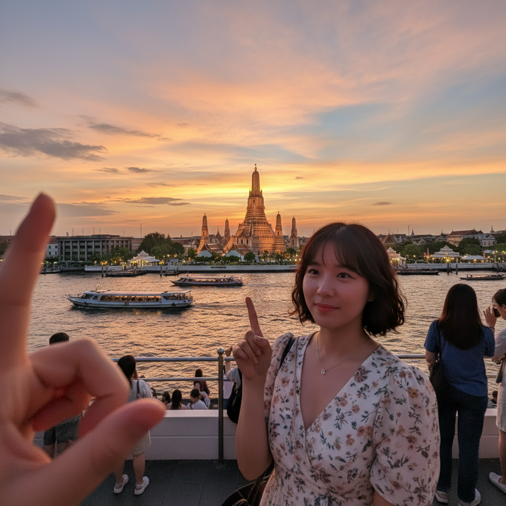 방콕 차오프라야 강변의 황금빛 석양과 왓 아룬 사원 전경