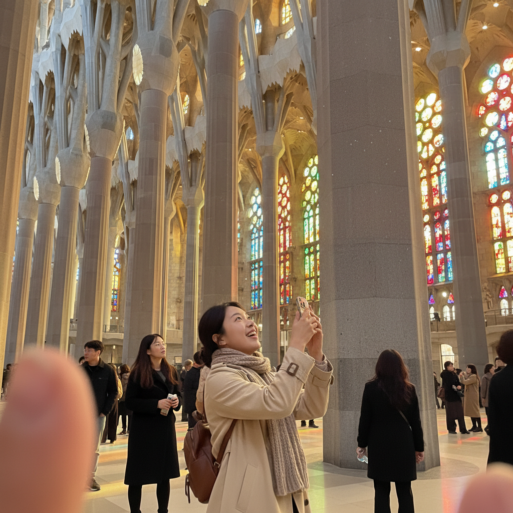 바르셀로나 사그라다 파밀리아 성당의 내부 스테인드글라스와 빛