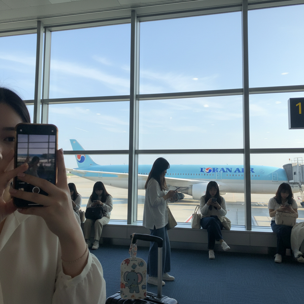 인천공항 출발 게이트에서 창밖으로 보이는 비행기와 하늘