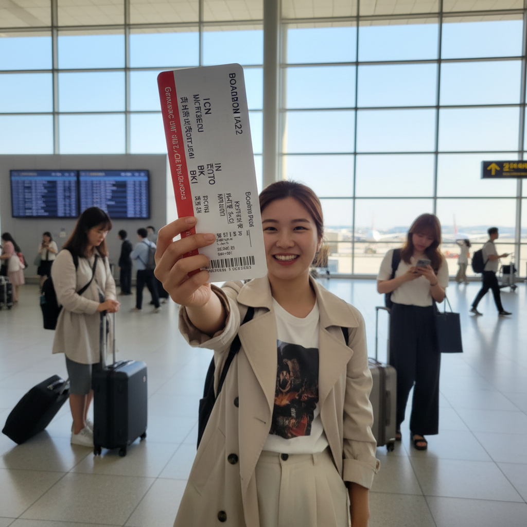 인천공항 출국장에서 탑승권을 들고 있는 모습