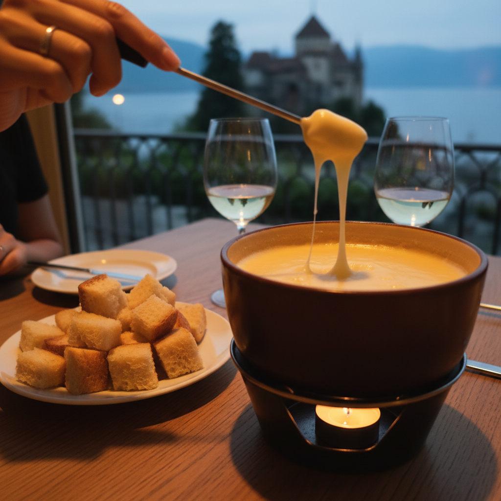 촛불이 켜진 테이블 위 치즈 퐁듀 냄비와 빵, 와인 잔