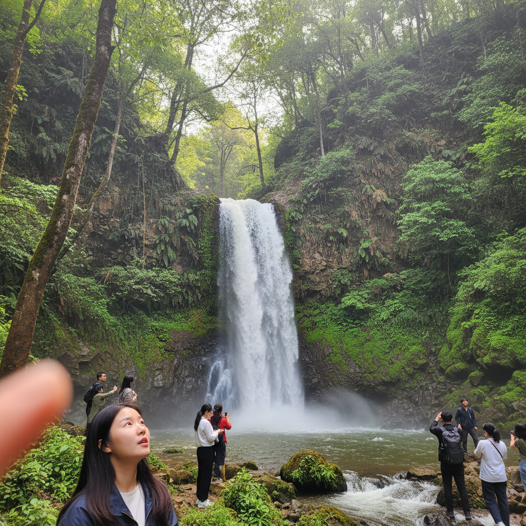 울창한 숲 속에서 쏟아지는 폭포와 주변 풍경