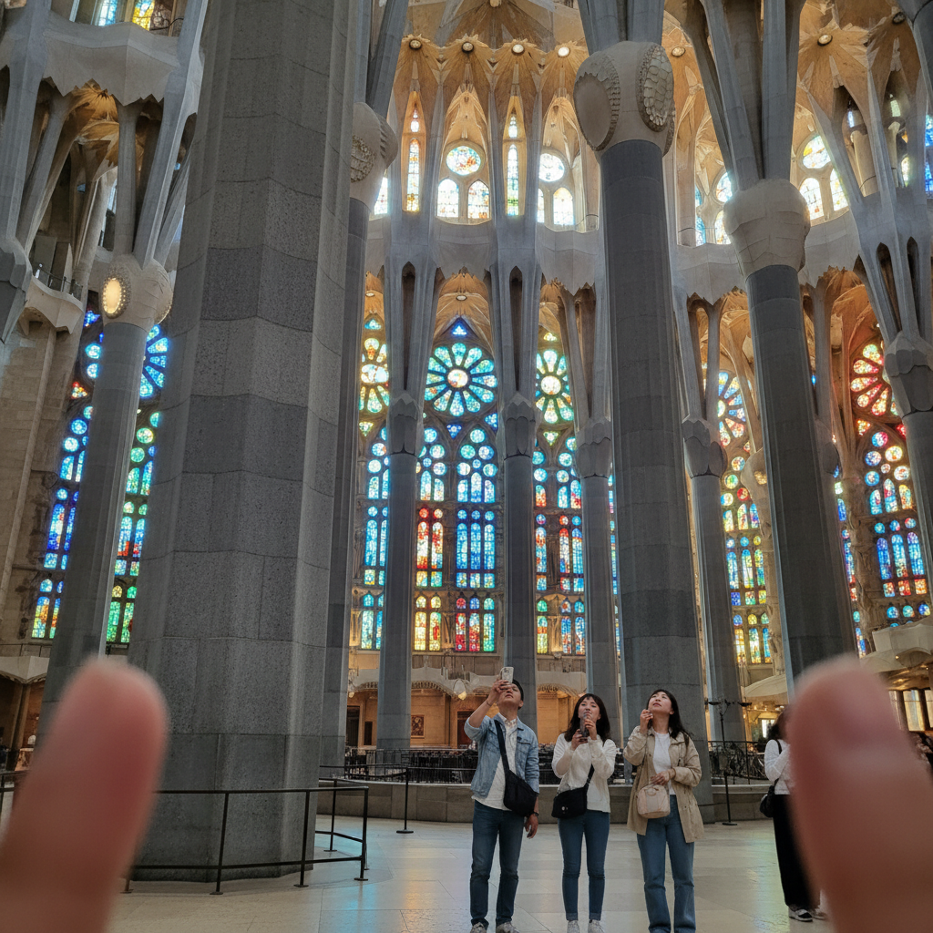 사그라다 파밀리아 성당 내부의 화려한 스테인드글라스와 빛