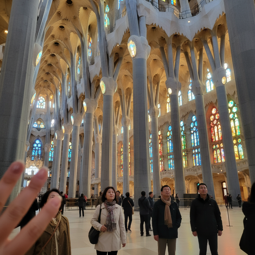 바르셀로나 사그라다 파밀리아 성당의 웅장한 내부와 스테인드글라스를 통해 들어오는 빛