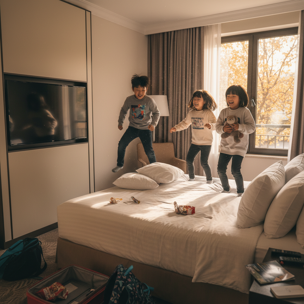 호텔 침대에서 뛰노는 아이들