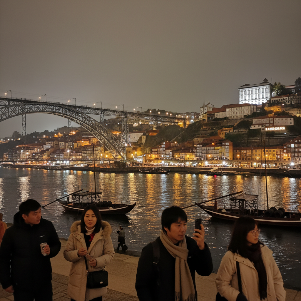 포르투의 도우루 강변과 포트 와인 저장고가 있는 빌라노바 데 가이아 지역의 야경