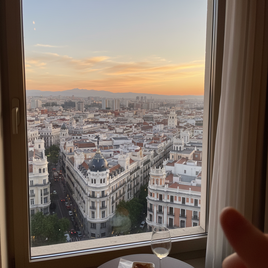 마드리드 호텔 방에서 바라본 도시 전경, 석양이 지는 모습