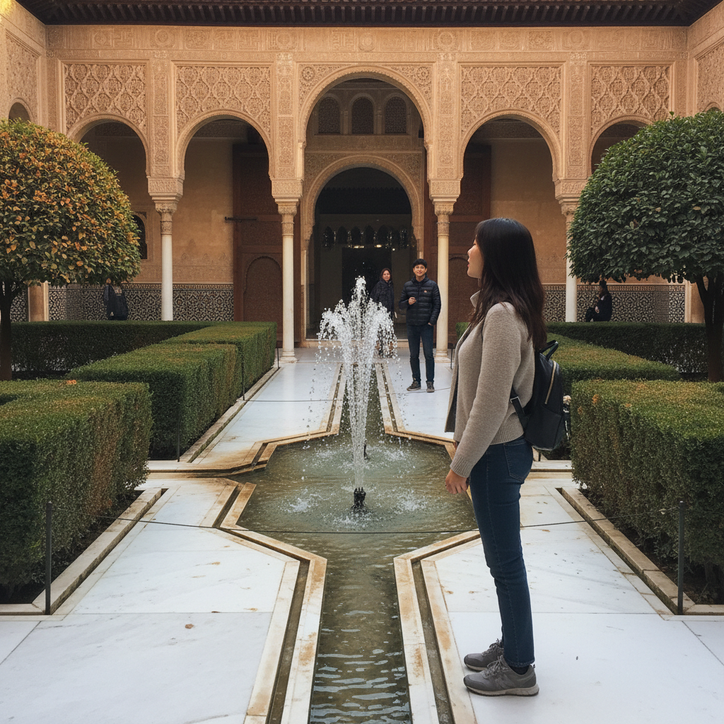 알함브라 궁전의 정교한 아라베스크 문양과 분수가 있는 정원