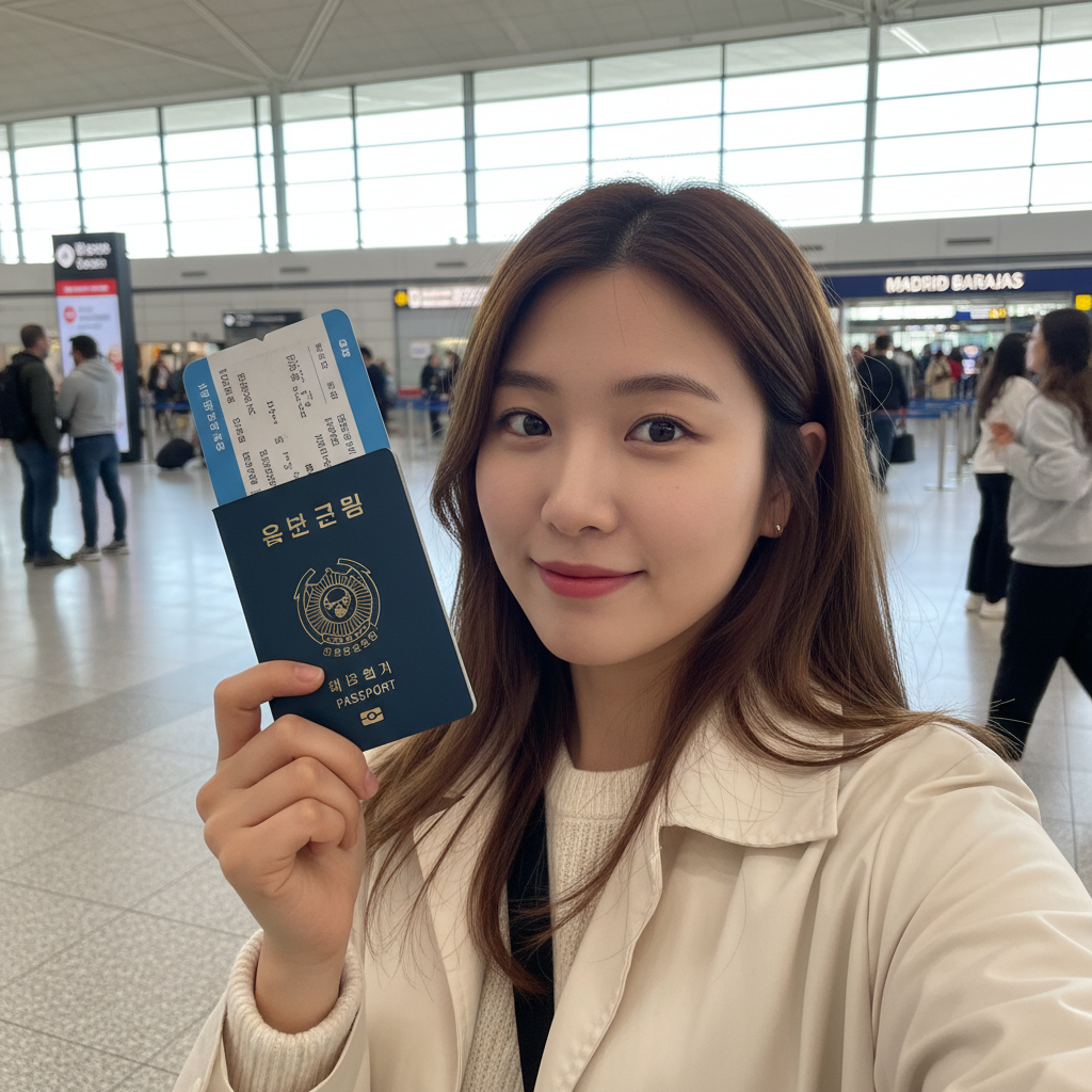 마드리드 바라하스 공항에 도착한 모습, 여권과 티켓을 들고 있는 셀카