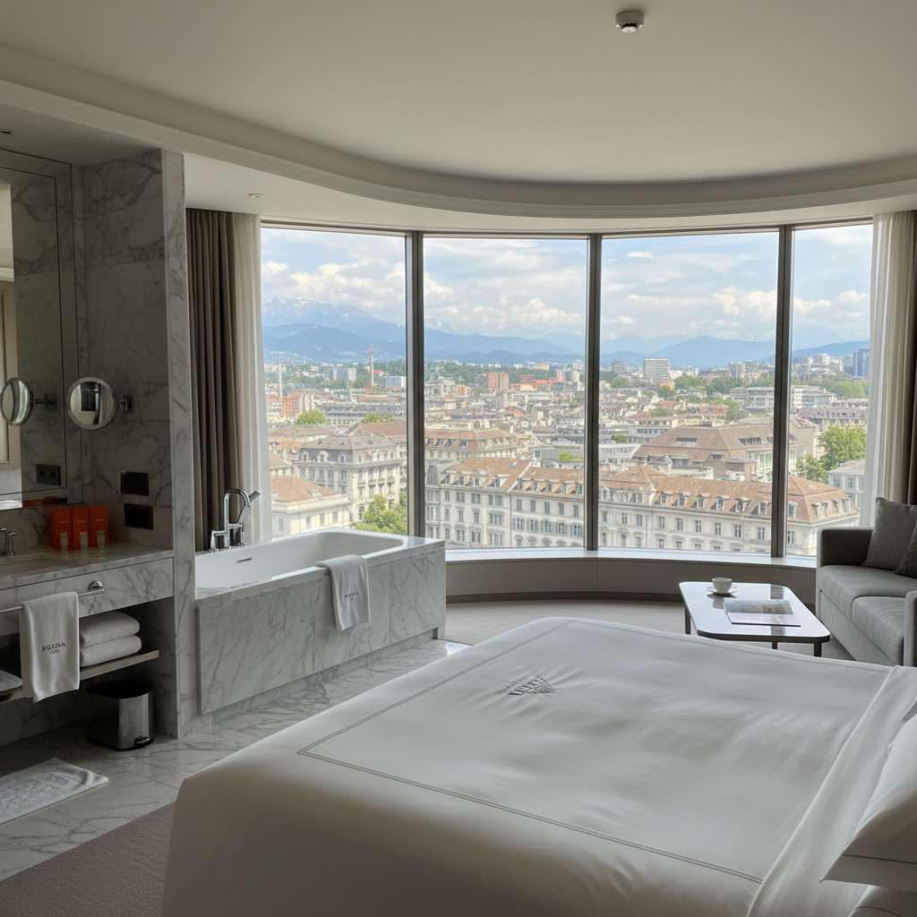 호텔 스위트룸의 우아한 인테리어와 파노라마 창으로 보이는 도시 전경