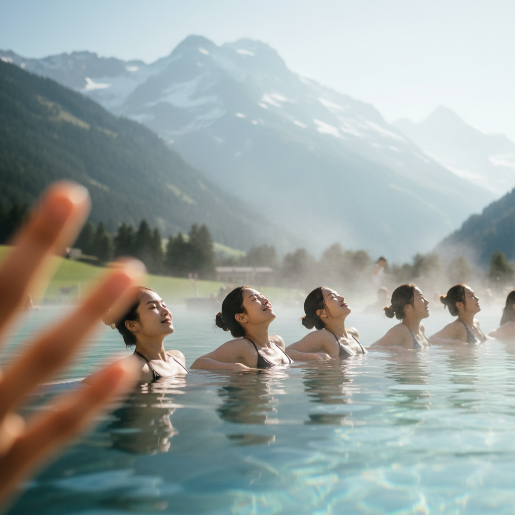 알프스 설산을 배경으로 한 로이커바트 야외 온천과 온천에 몸을 담그고 있는 사람들