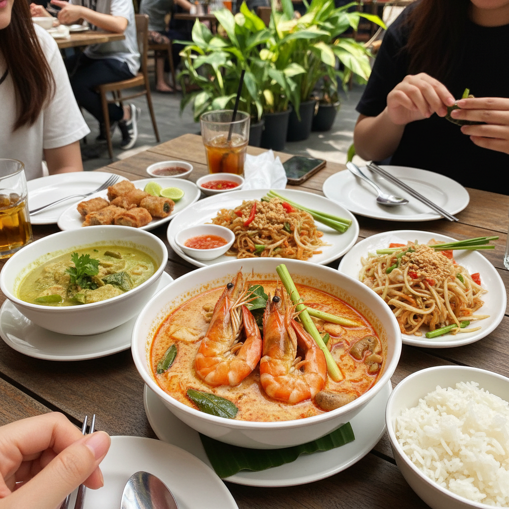 화려한 색감의 똠얌꿍과 다양한 태국 전통 요리가 차려진 식탁