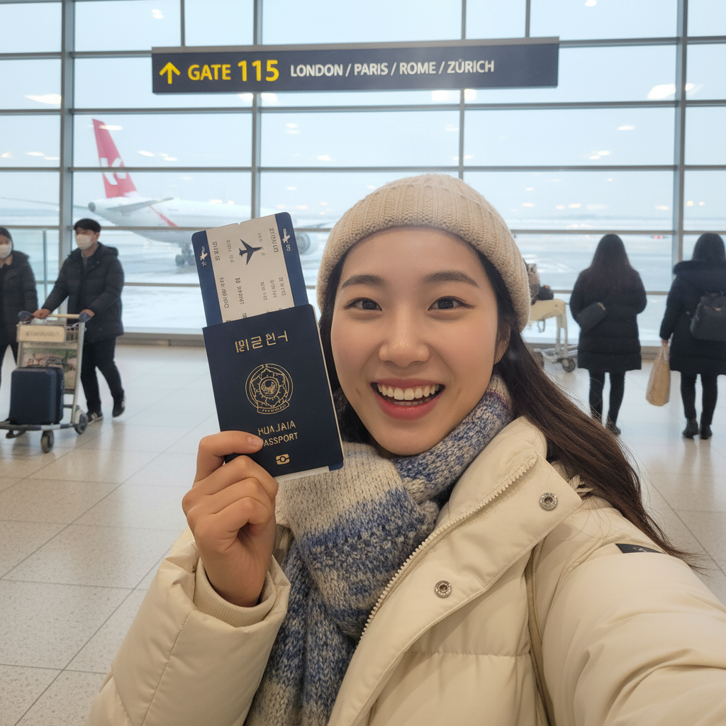 인천공항 출발 게이트에서 여권과 티켓을 들고 찍은 셀카
